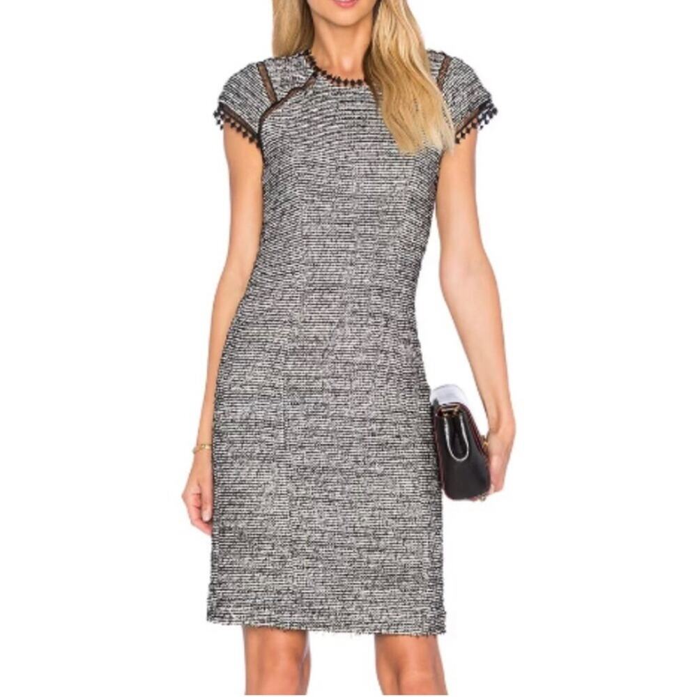 Rebecca Taylor Short Sleeve Stretch Tweed Shift Black White Dress Women Size 10